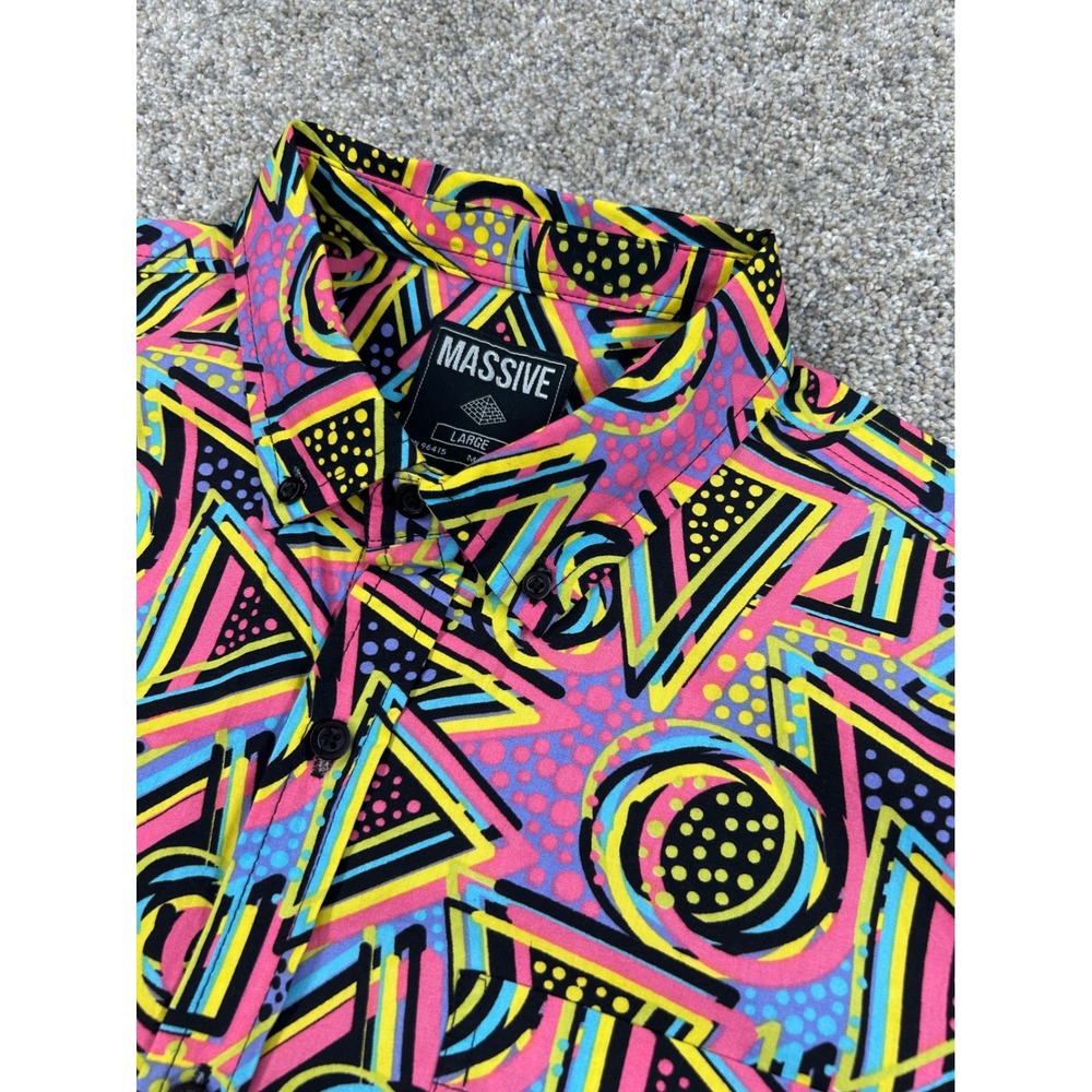 Massive Mens Large Short Sleeve Button Down Shirt 90s Geometric Neon Print #0809